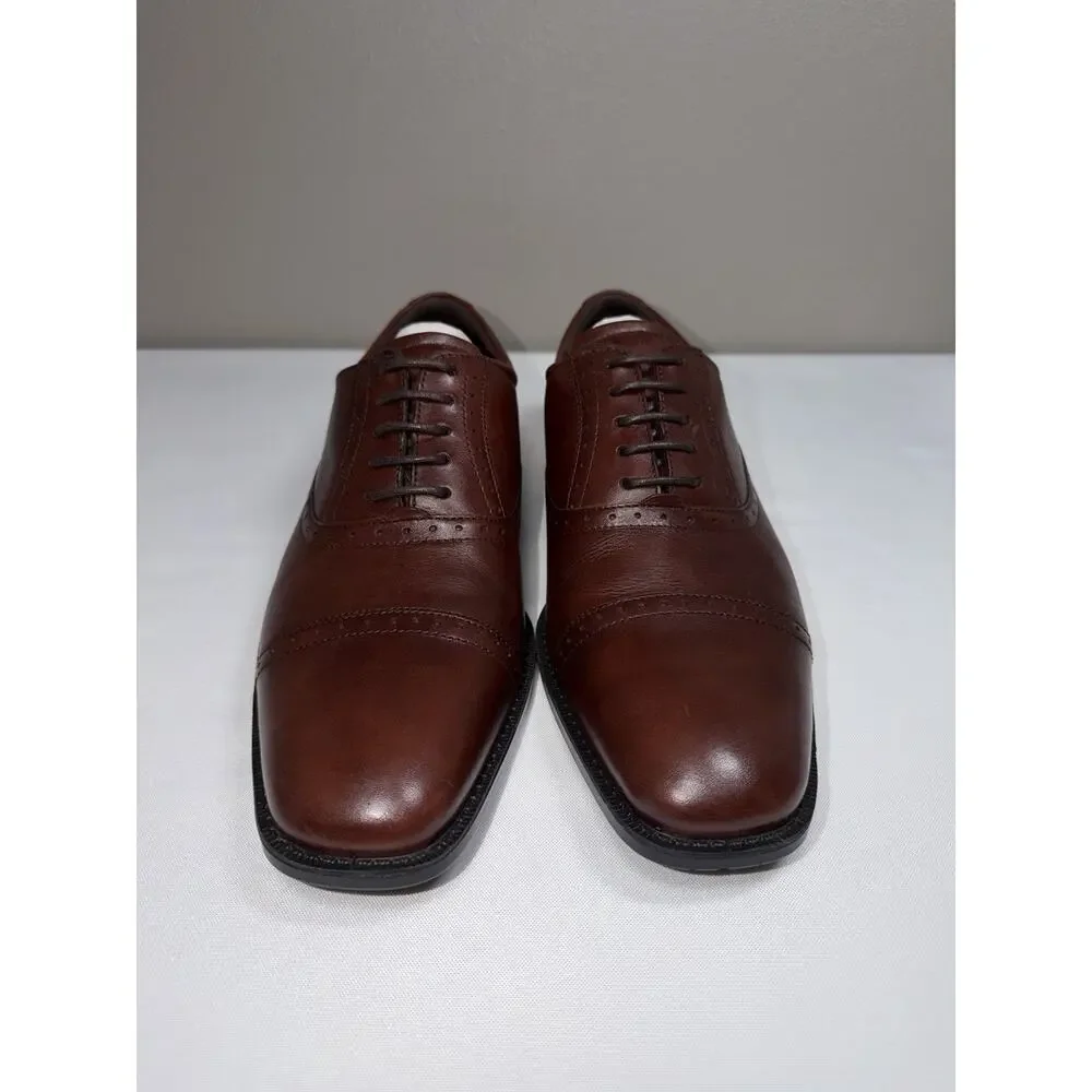 NWOT Ecco Men’s 8.5 Brown Leather Cap Toe Semi Brogue Oxford Lace Up Dress Shoes